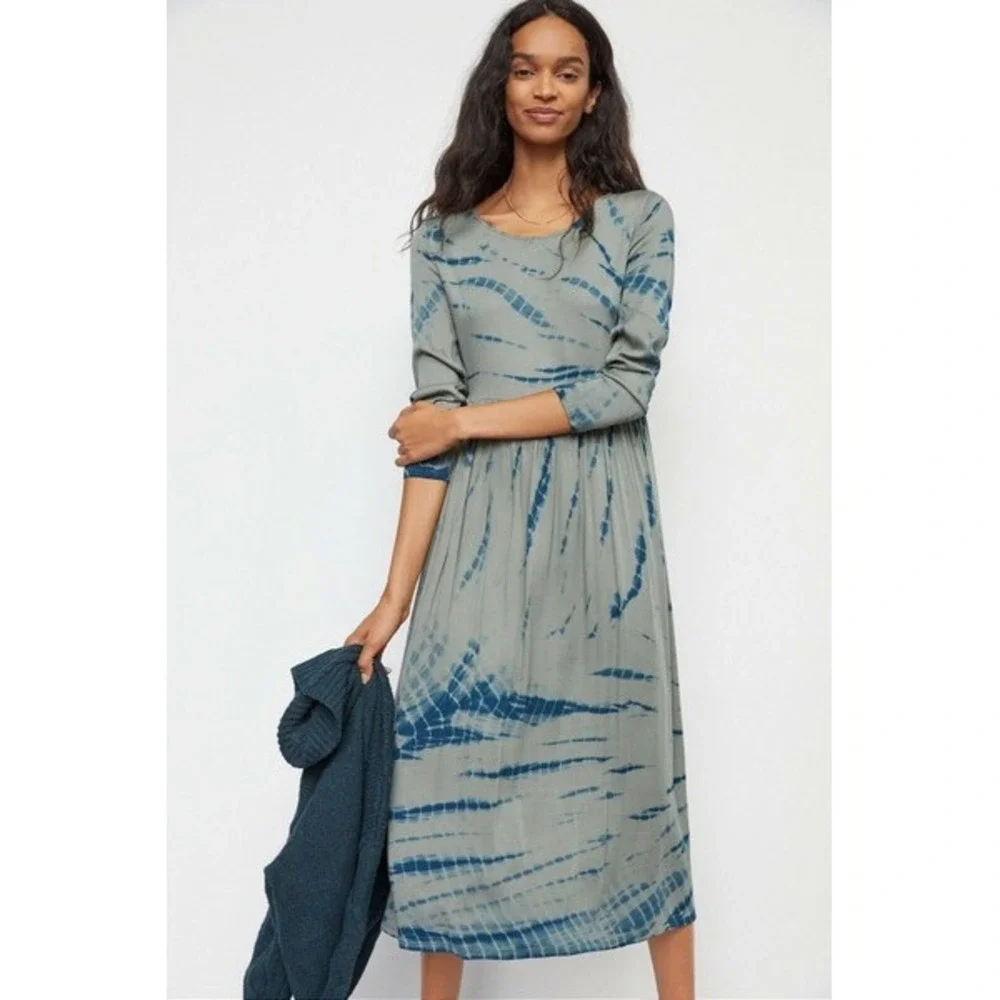 Anthropologie Dolan Left Coast Tie Dye Midi Dress Green Blue Long Sleeve‎ S